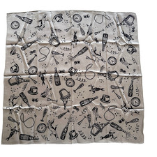 VTG Scarf Gray Silk Hand Drawn Champagne Dancing Musician Party Neckerchief 21"