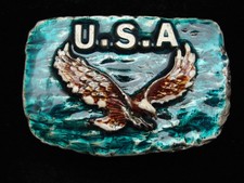 PG09144 VINTAGE 1986 U.S.A. AMERICAN BALD EAGLE PATRIOTIC BELT BUCKLE
