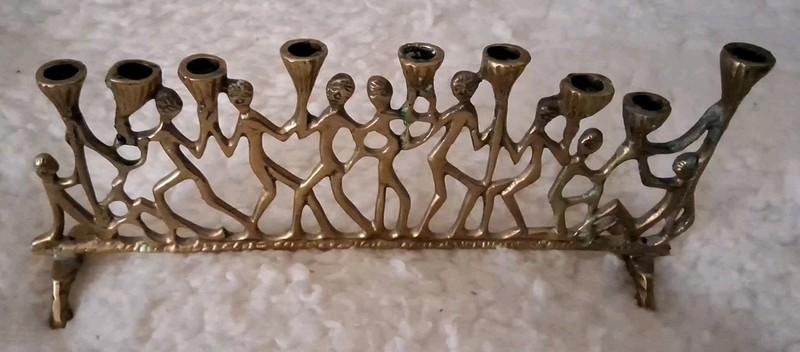 1960's Handmade Solid Brass Dancing People Hanukkah Menorah ~ Isreal