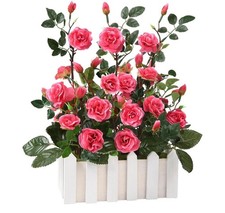 New Artificial Pink Rose Flower Arrangement in White Wooden Planter
