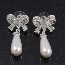 Faux Pearl, Crystal Bow Drop Earrings In Silver Tone - 4cm Tall