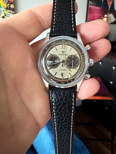 Vintage Automatic panda dial,Leather Strap,Chronograph, Glass back. Ltd Edition - Picture 1 of 16