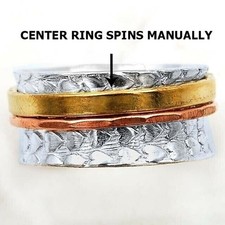 Three Tone Meditation Spinner 925 Sterling Silver Band Ring Sz 8.5