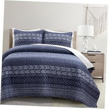 Hygge Geo Pattern Striped 3 Piece Bedding Set Full/Queen Navy Quilt