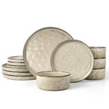 Dinnerware Set for 4, 12 Piece Plates and Bowls Ceramic Dish Set, Includes Di...