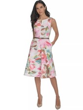 Calvin Klein Women's Sleeveless Split Neck Belted Crepe A-line Dress,12