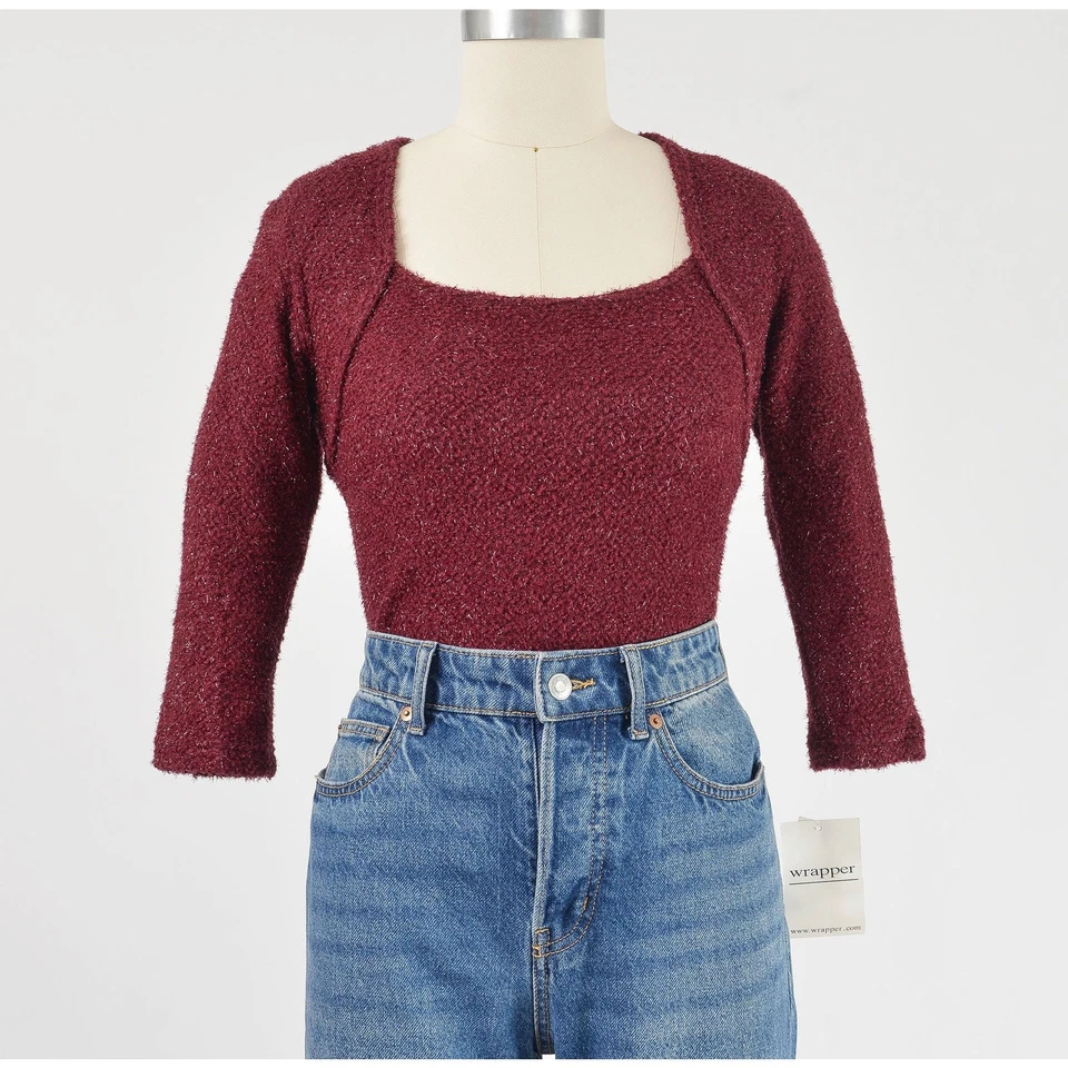 Top difuso de felpa vintage Y2K tejido brillante de una pieza elástico encogido de hombros talla XS S Foto 3 de 4