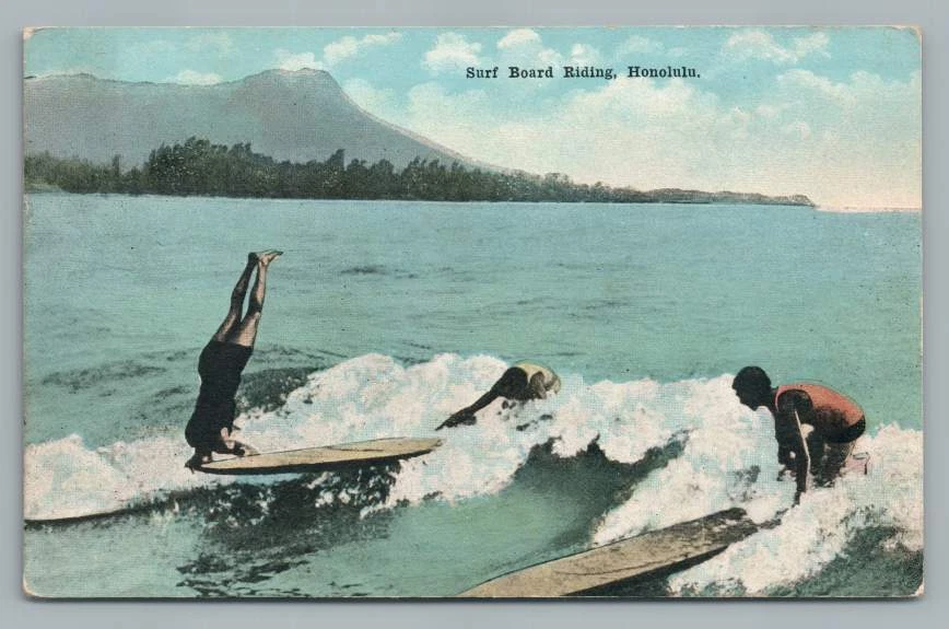 Trick Surf Board Riding HONOLULU Antique Hawaiian Surfing Postcard