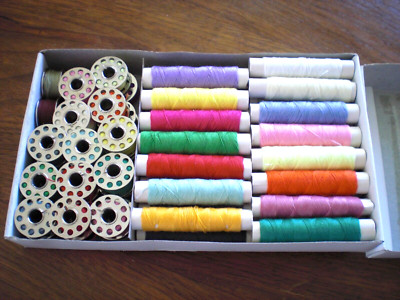 Set of 28 Colorful Spools with 28 Matching Bobbins Polyester Thread
