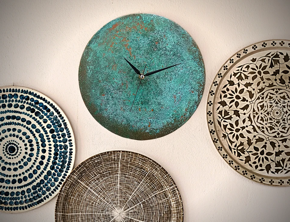 Reloj de Pared Moderno Mediados de Siglo Turquesa Cobre Metal Art Deco Arte de Pared Decoración Foto 3 de 4