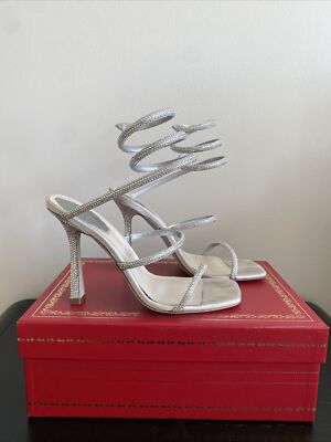 Rene Caovilla Silver Cleo 105mm Crystal Snake Wrapped Sandal Heel