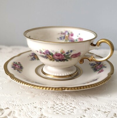 Set of Four (4) Castleton Rose Footed Tea Cups & Saucers Gold Trim Antique 8 pcs