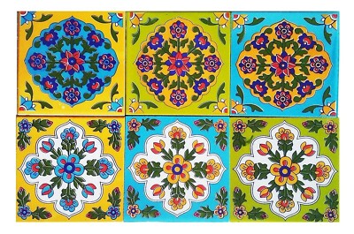 Traditional Patterned Multi Colored Decorative 4 x 4'' Ceramic Tiles Pack of 6