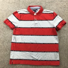 Tommy Hilfiger Polo Shirt Mens Large Red Gray Striped Spell Out Short Sleeve