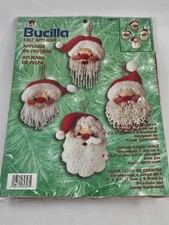 Vtg 2001 Bucilla Jolly Beaded Santa Heads Felt Applique Ornaments Kit Set 4 NEW