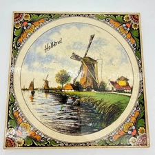 Vintage Holland Windmill Ceramic Tile Trivet Polychrome 6.25" Souvenir
