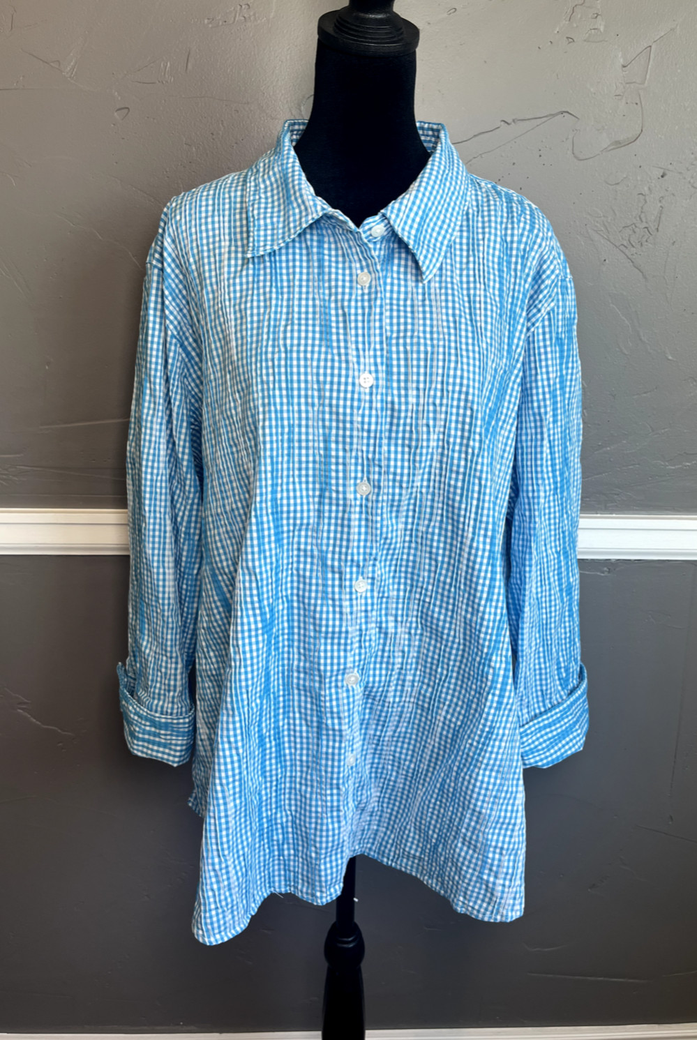 Foxcroft Top Women's Size 24W Blue Checked Gingham Button Up 3/4 Sleeve