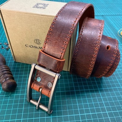 NEW Geniune Full Grain Leather Men Handmade Stitched Belt 1.5 width Casual Jeans