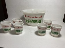 MCM Tom & Jerry Hazel Atlas Milk Glass Punch Bowl Egg Nog 6 Cups Auld Lang Syne