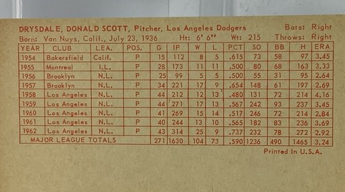 Rare 1954 - 1962 Exhibits Don Drysdale Stats on Back Rare 3.50” X 5 .50” - Picture 4 of 4