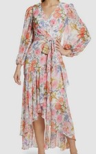 Eliza J Women Pink Floral Print Tiered Ruffle High-Low Dress Sz 0