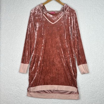 Betsey Johnson Velvet Hoodie Dress Womens M Rust Pink Velour Tunic Pockets Y2K