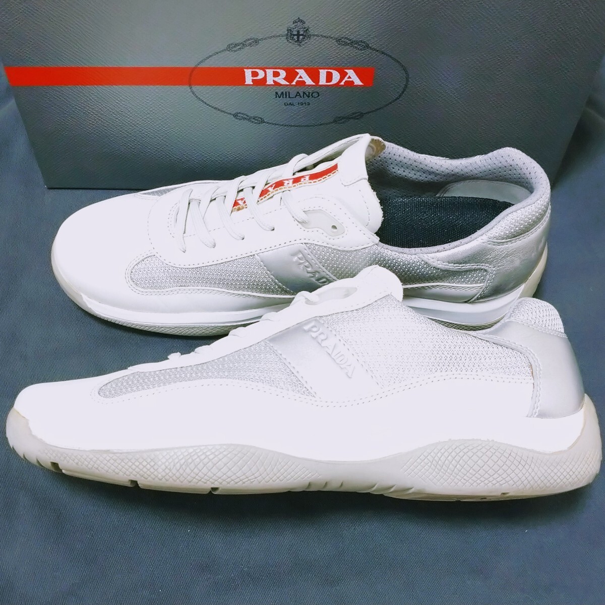 Prada Logo Sneakers in Red Rubber White Silver Size 26.0cm