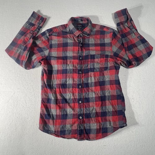 Camicia uomo flanella J CREW taglia media rossa a quadri manica lunga con bottoni slim fit