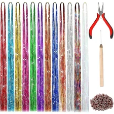 47” Hair Tinsel Kit 12 Colors 2400 Strands With Tool Glitter Extensions for Girl