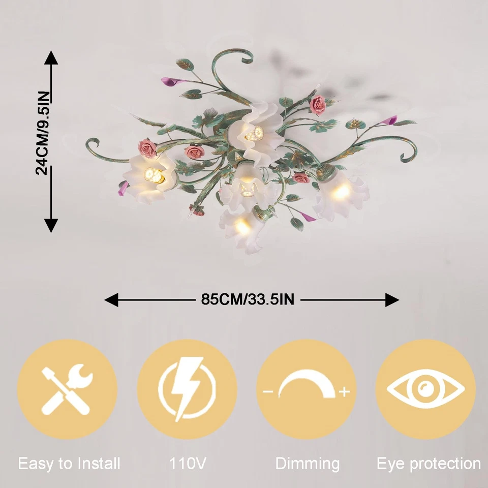Candelabro de flores luminária de teto, 5 luzes rosa cerâmica rosa abajur de teto com G... - Imagem 2 de 4