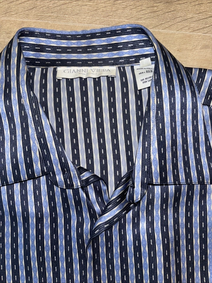 Camisa Gianni Viera Hecha en Italia 100% Seda Azul Dorado Rayas Talla L (84) Foto 2 de 4