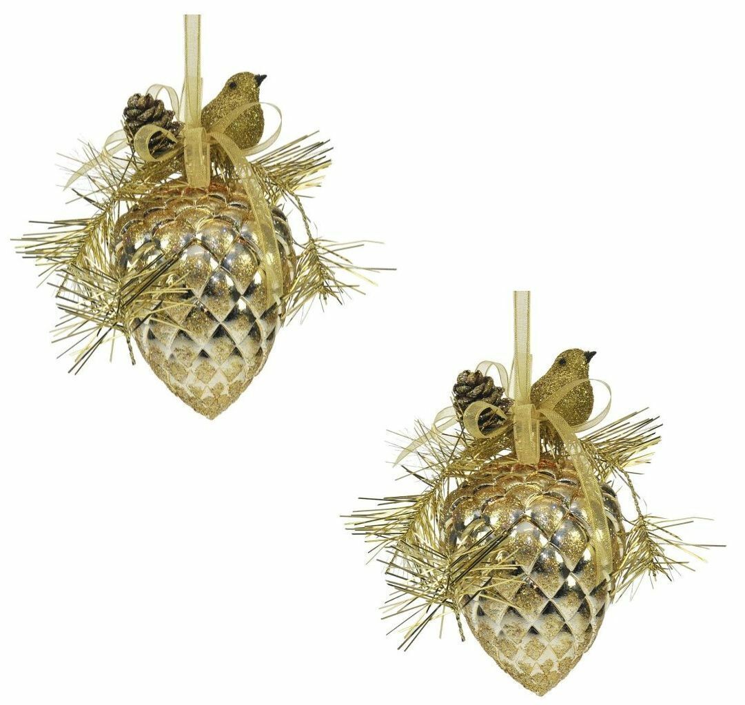 Weiste Christmas Tree Decorations Set of 2  - Gold Festive Bird on Pine Cone
