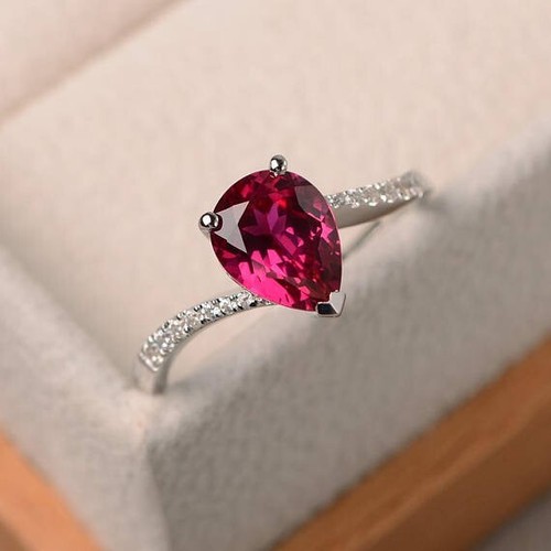 1.70 Ct Pear Cut Natural Ruby & Diamond Wedding Ring 14k White Gold Size 8 - Picture 3 of 6