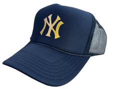 NEW YORK YANKEES NAVY BLUE GOLD CAP 5 PANEL HIGH CROWN TRUCKER SNAPBACK VINTAGE