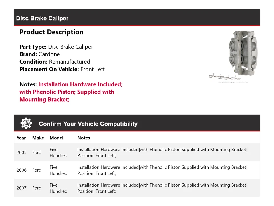 Pinza de freno de disco delantera izquierda Cardone 2006 para Ford Five Hundred 2005-2007 Foto 2 de 4