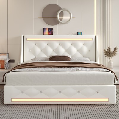 Full Queen Size PU Upholstered Bed Frame with Wingback Headboard and  LED Lights