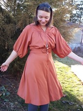 vintage dress Union made in USA orange belt zipper collar puffy sleeves 70s 1970