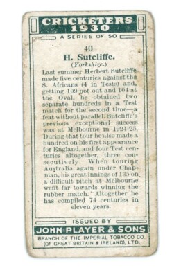 sutcliffe tobacco 1930 Player's Cricketers Tobacco Herbert Sutcliffe H Sutcliffe #40