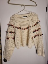 ZARA KNIT ECRU CROCHET OVERSIZED POM POM JUMPER PULLOVER SIZE Small B