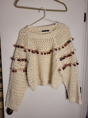 ZARA KNIT ECRU CROCHET OVERSIZED POM POM JUMPER