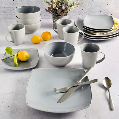 Gibson Soho Lounge Square 16-Piece Dinnerware Set Two-Tone Gray