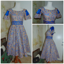 African Ladies Ethnic Dress Custom Fit  Flare 50s style Vibrant Dashiki Blue S