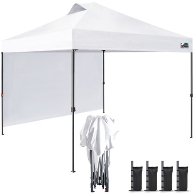 Eurmax One Push Setup 10x10 Pop Up Canopy with Vented Top,1 Sidewall,4 Sand Bags