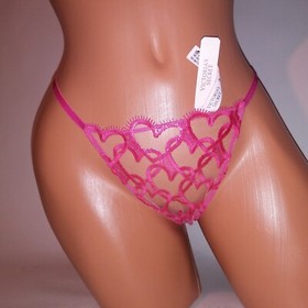 Victoria Secret Panty Thong V String Sheer Pink Hearts Embroidered Dream Angels