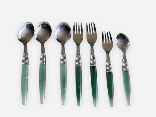 Vintage Acrylic Lucite Light Green Handle Stainless Steel Utensils Forks Spoons - Picture 2 of 8