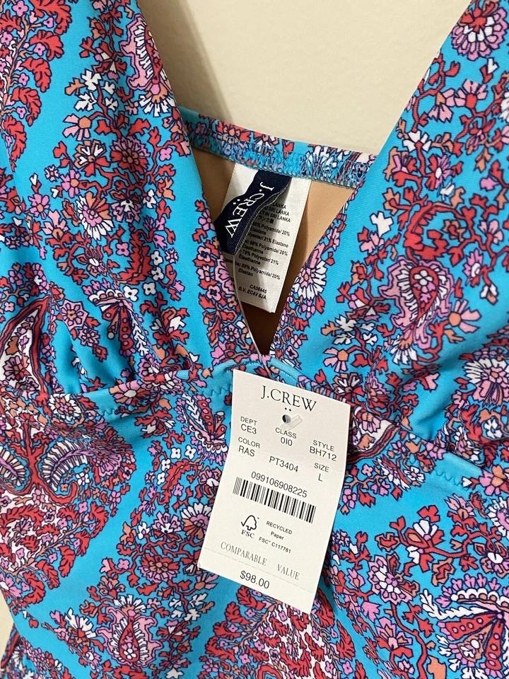 J.CREW бирюзовый пейсли v-образным вырезом собранными в Рюш цельный купальник + прикрыть платье размер L новый - Изображение 3 из 4