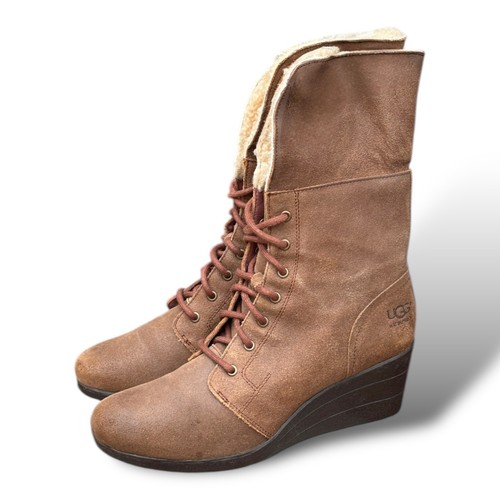 UGG Zea Womens Waterproof Shearling Wedge Boots Brown Leather Size 10 - Picture 11 of 11