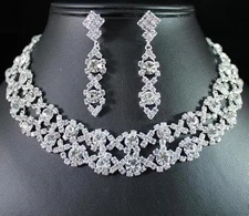 LUXURY CLEAR AUSTRIAN RHIESTONE CRYSTAL NECKLACE EARRINGS SET BRIDAL N1255 CLEAR