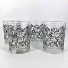Vintage White Horse Rocks Glass Tumblers Stallions Equine Barware Set Of 4