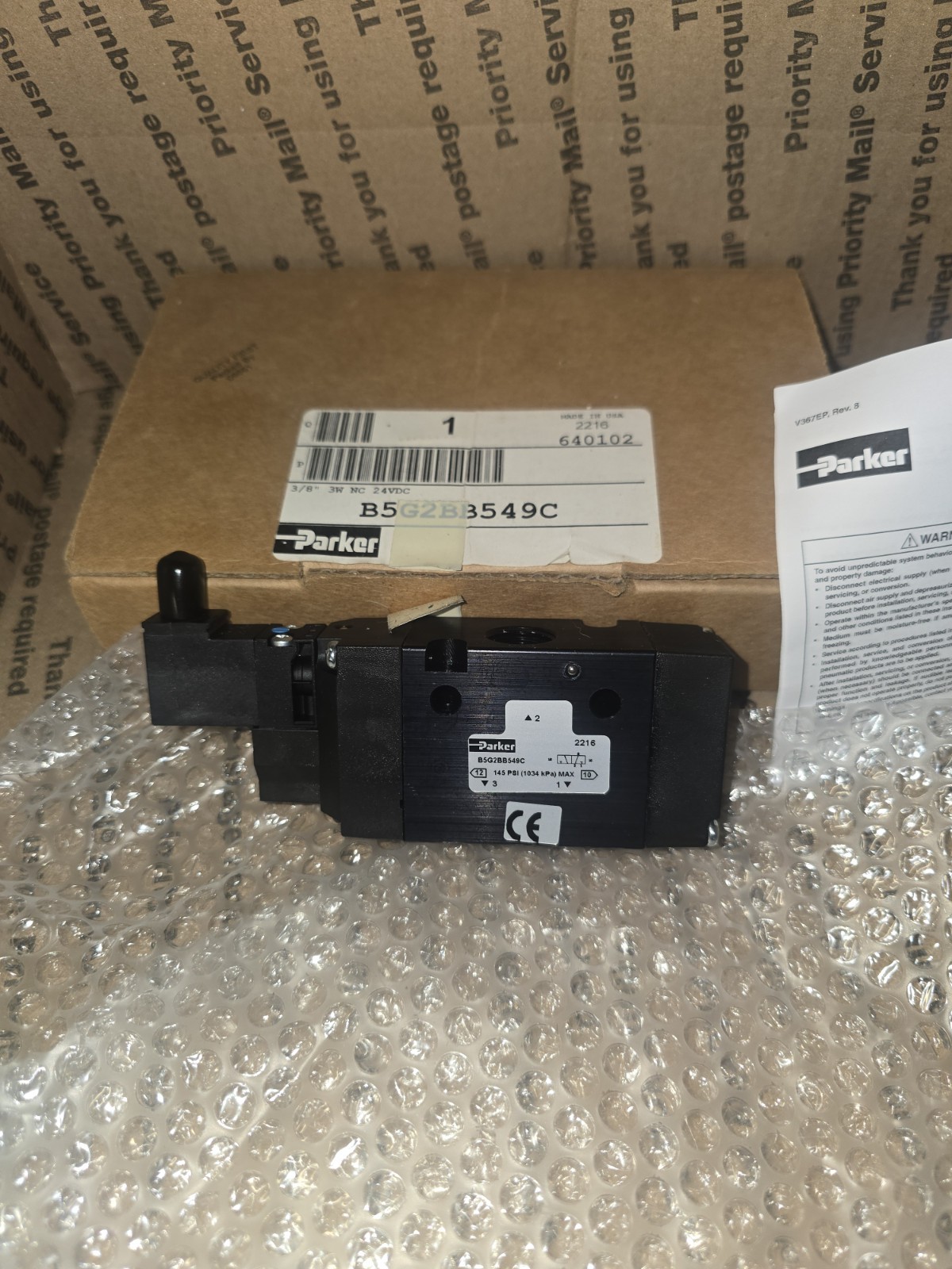 Parker B5G2bBB49C Air Control Valve 3/8 In 24VDC Solenoid New in Box